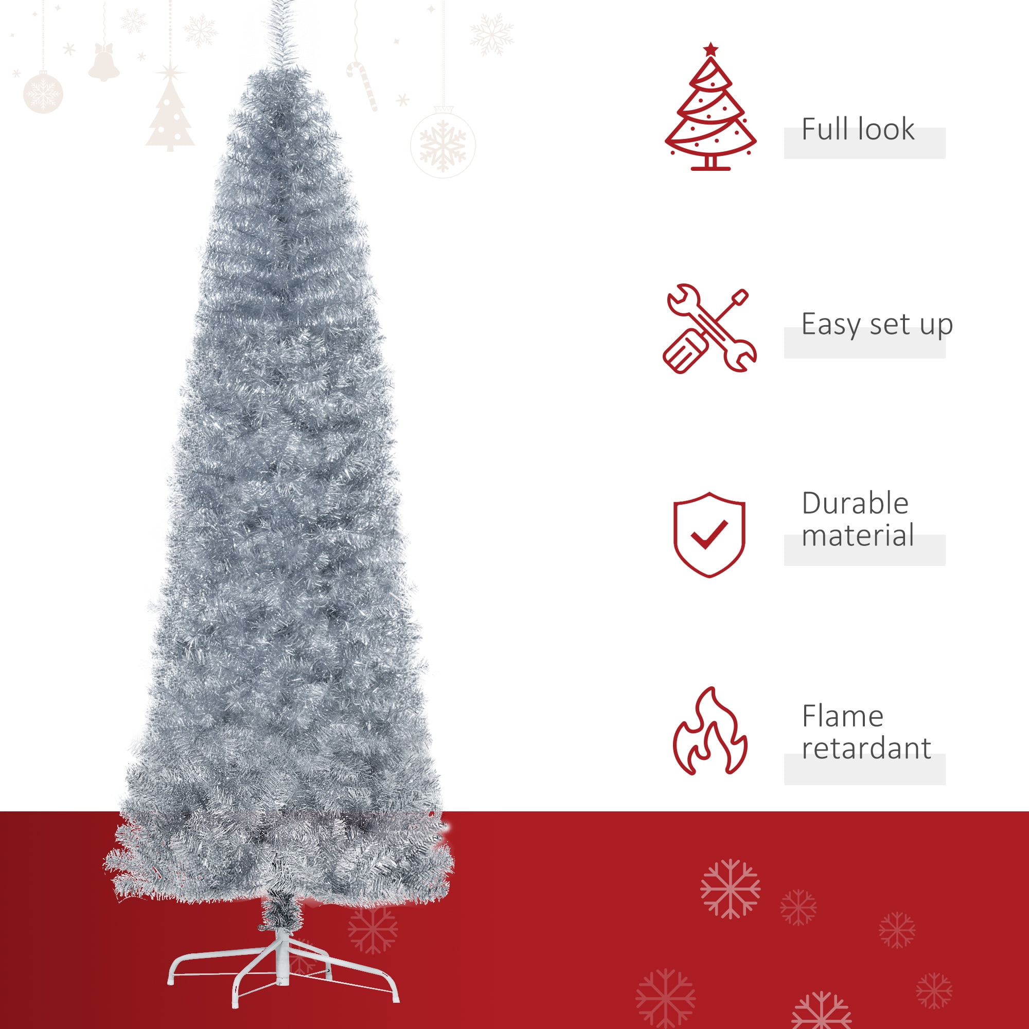 HOMCOM 6FT Artificial Pop-Up Christmas Tree Xmas Holiday Pencil Tree with Automatic Open for Home Office Party Silver