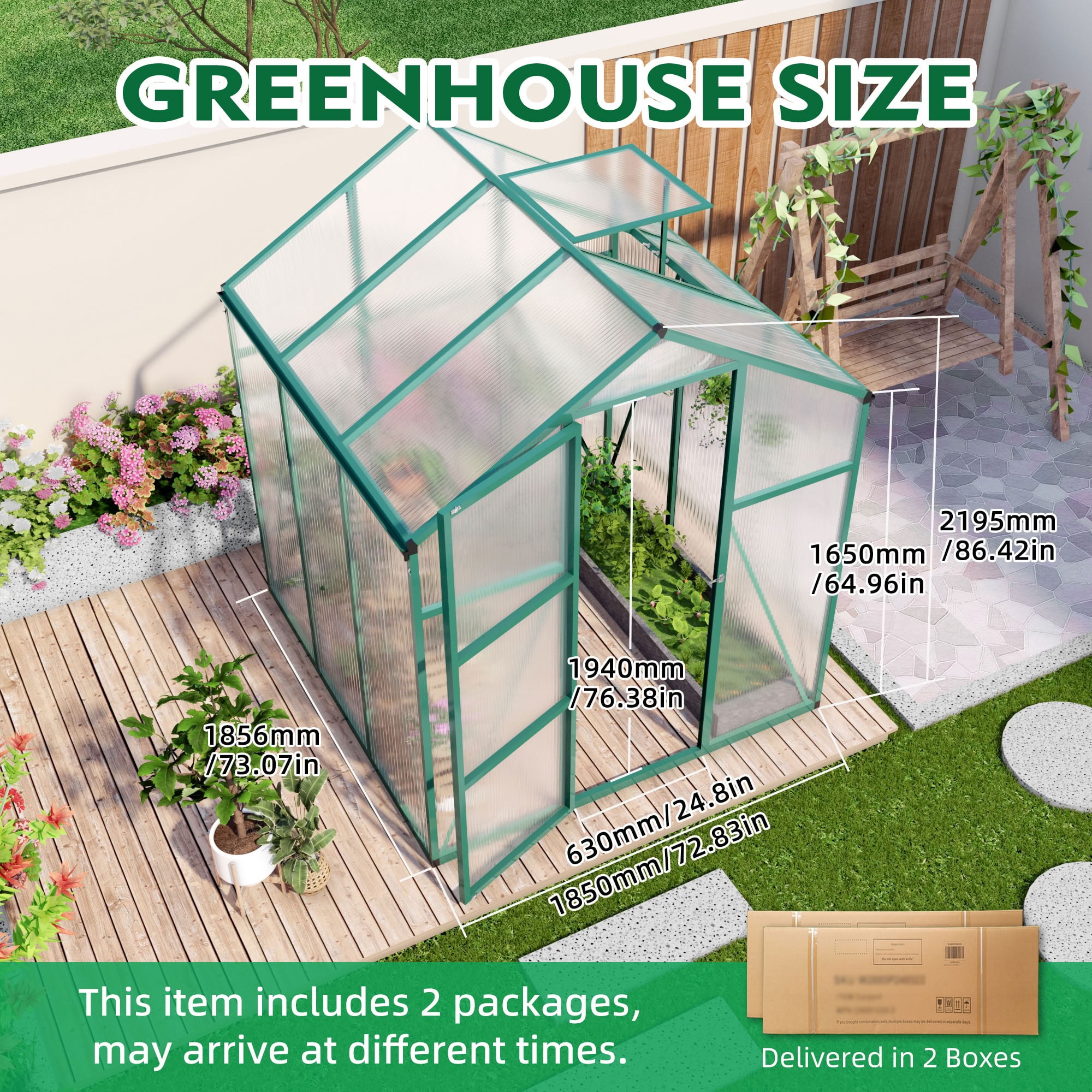 MAYEERTY 6x6 FT Walk-in Greenhouse with Raised Base, Aluminum Frame & Polycarbonate Panels, All-Season Outdoor Greenhouse