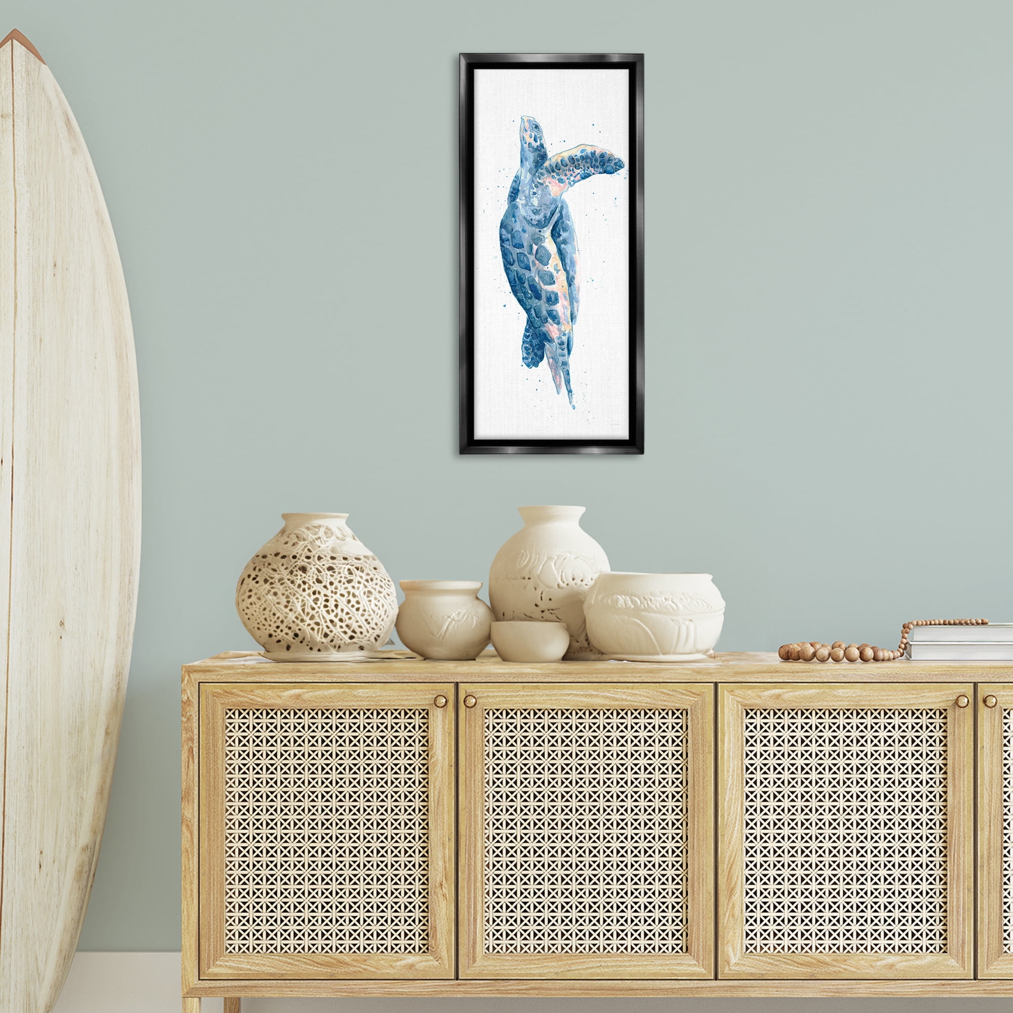 Stupell Industries Blue Turtle Swimming Animals & Insects Painting Black Floater Framed Canvas Art Print Wall Art, 15 x 31