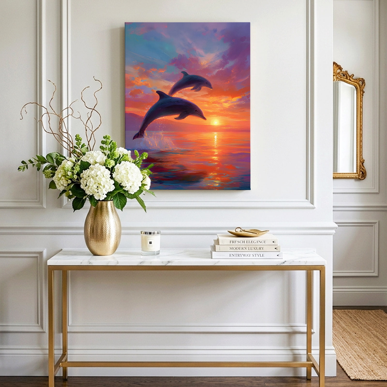 Sunset Dolphin Canvas Wall Art for Living Room, Dreamy Sunset Jumping Dolphins Wall Decor Framed Artwork Pictures Ready to Hang for Bedroom Office Home Decor
