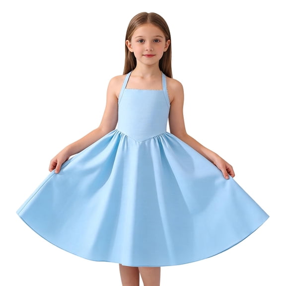 hengsof Girls Sleeveless Camisole Dress Solid Color Ruched Formal Party Gown Summer Halter Neck Ruched Waist Dress 7-13Y