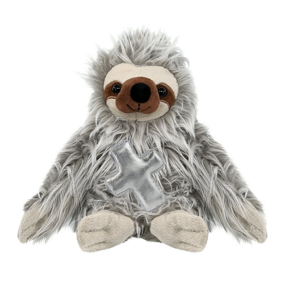 DolliBu Super Soft Grey Sloth Stuffed Animal with Silver Cross Plush - Religious Baptism Gifts for Boys and Girls, Dedication Christening Gifts Plush Prayer Toy Healing Stuffed Animal - 7 Inches