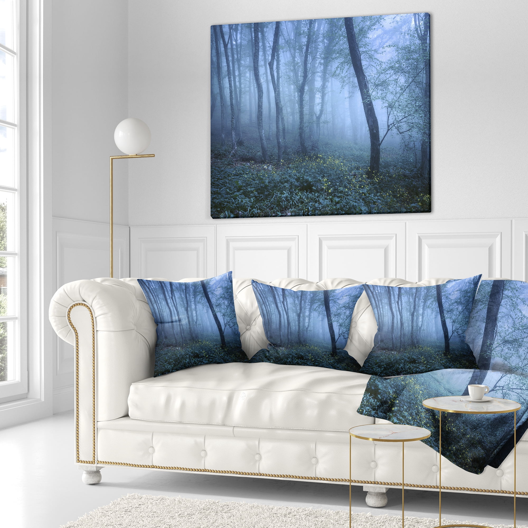 Designart Trail Through Blue Fall Forest - Landscape Photo Throw Pillow - 18x18