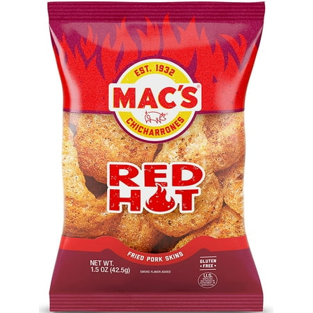 Mac's Chicharrones Red Hot Flavored Crispy Fried Pork Skins, 1.5 oz Bag
