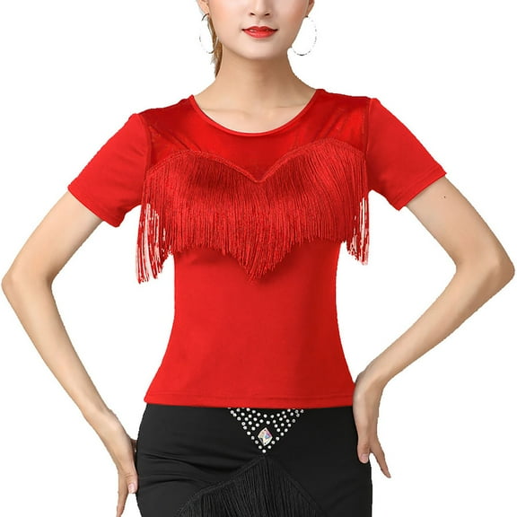 Women'S Round Neck Sheer Stretch Net Mesh Neck Fringe Top For Latin Salsa Tango Dance Practice Routines