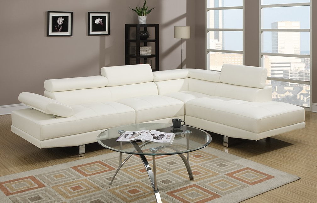 Modern White Faux Leather Sectional Sofa Chaise Set with