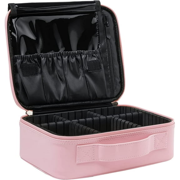 Makeup Organizer VASKER Makeup Case Travel Makeup Bags Organizer for Women Professional Leather Cosmetic Bag Train Case Box Storage Pink Portable Brush Holder with Adjustable Divider