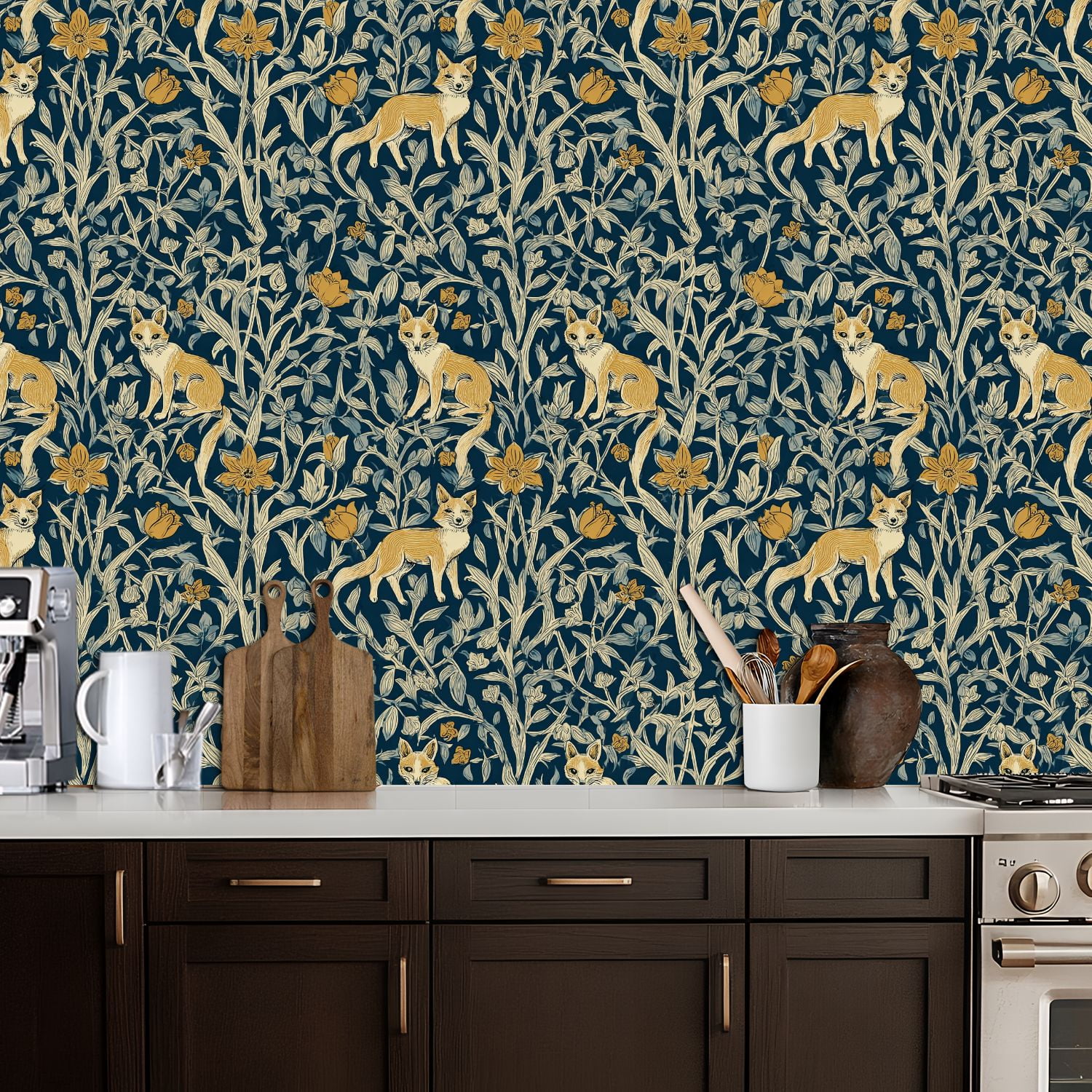 Hunt Peel and Stick Wallpaper 17.7in x 9.8ft Foxes Yellow Flowers Botanical Dark Blue Contact Paper Vinyl Waterproof Self Adhesive Wall Paper for Bedroom Shelf Cabinet Renter Friendly