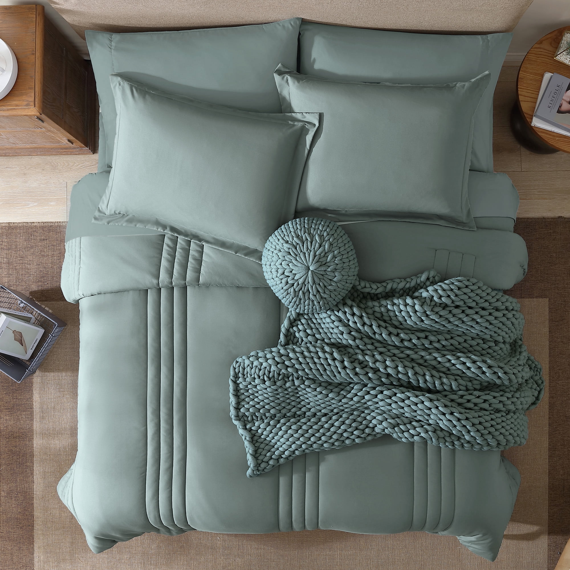 Catami 7-piece Bed in a Bag Comforter Set with Sheets,Sage Green,Queen
