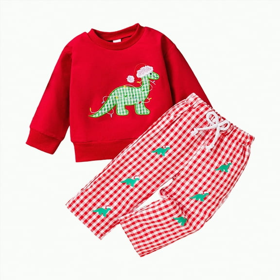REgarm Christmas Toddler Baby Boy Girl Outfit Fall Winter Clothes Embroidery Shirt Top Elastic Waist Plaid Pants Set Trendy 2 Piece Outfit,2-3 Years