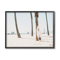 Stupell Surfboard Leaning Tropical Palm Trees Landscape Photography Black Framed Art Print Wall Art
