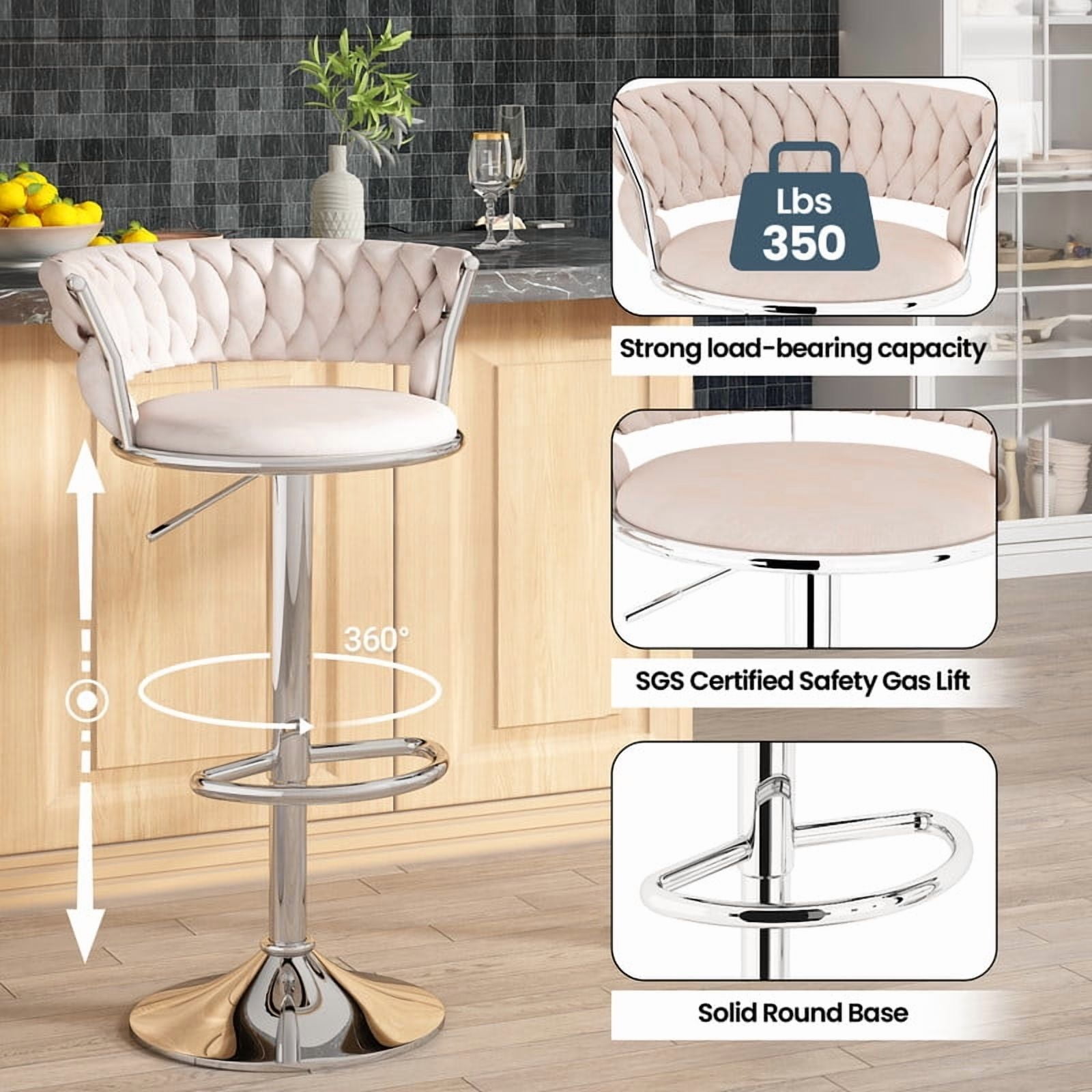 Baxluxe Velvet Bar Stool Set of 4, 360 Degree Swivel Bar Chair with Footrest & Backrest, 4 Pieces Adjustable Barstool Dining Chairs, Counter Height High Stool Pub Chair for Kitchen Island, Beige