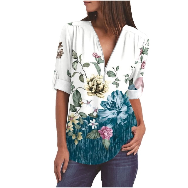 Pompotops Chemises à Manches Longues Imprimées d'Été pour Femmes Tunique Décontractée à Fermeture Éclair Blouse Roulable Col en V en Solde