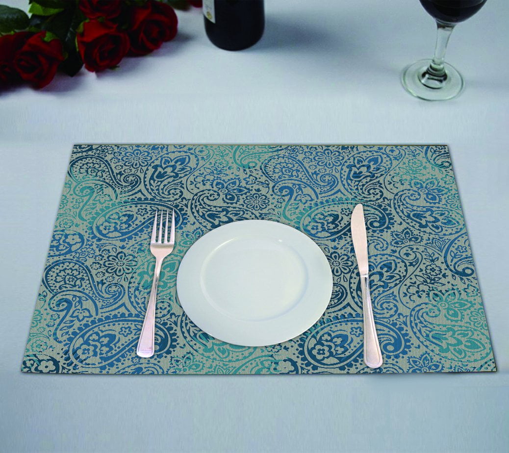 GCKG Flower Floral Placemat, Paisley Blue Placemat 12x18 Inch,Set of 2