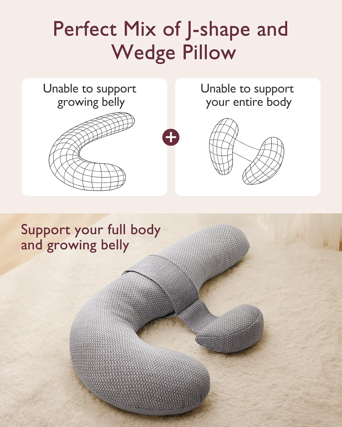 Pregnancy Pillow,Original F Shaped Maternity Pillow for Pregnant Women with Adjustable Wedge Pillow, Full Body Support Pregnancy Pillows for Side Sleeping with Velvet Cover, Light Grey