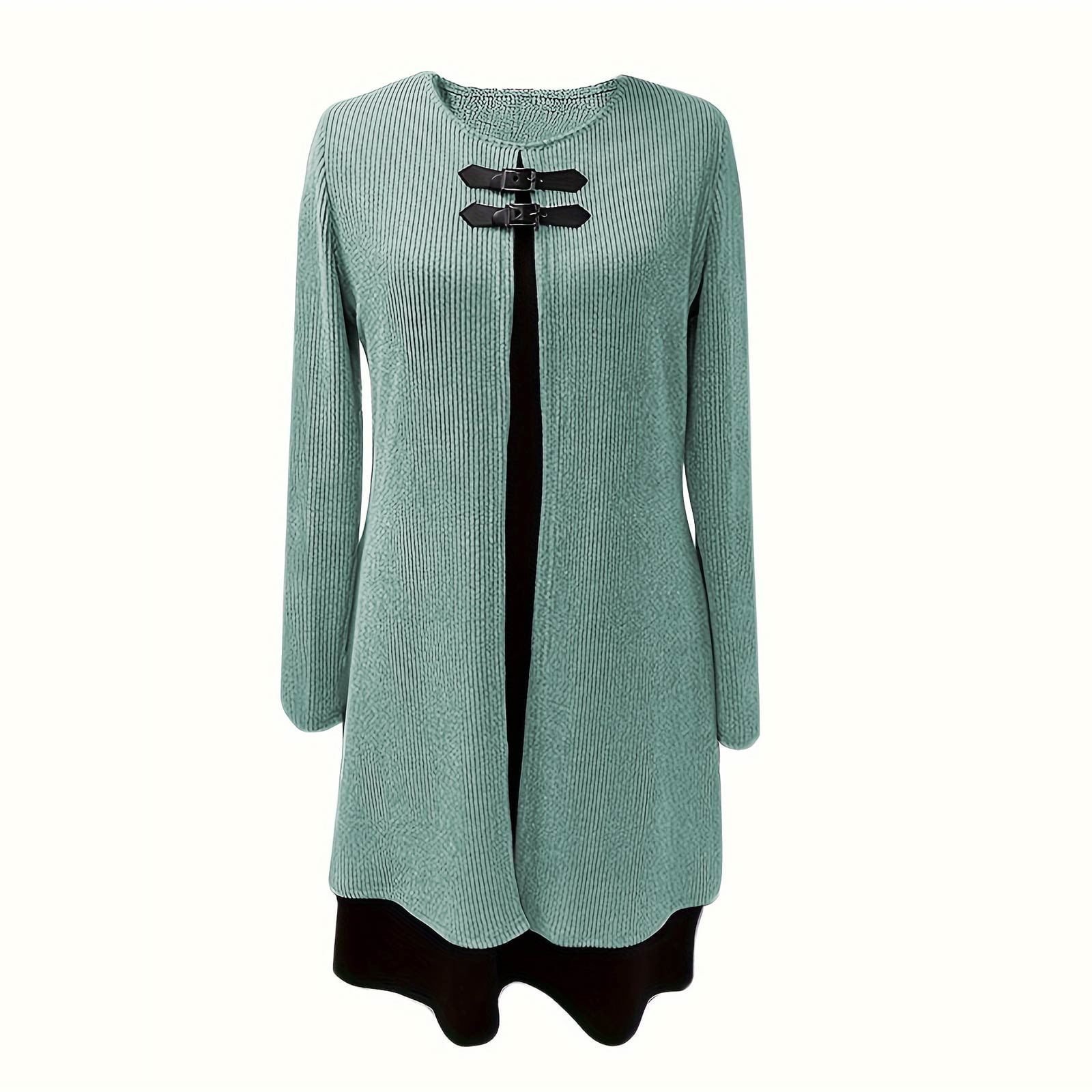 BSDJILFG Sweater Dress Long Sleeve Fall Winter Fake Two Piece Sets Button Mini Shirt Dress