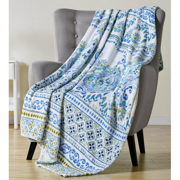 Serafina Home Decorative Plush Throw Blanket: Floral Paisley with Geometric Borders Accent for Couch or Bed, Colors: Blue Navy Aqua Green White