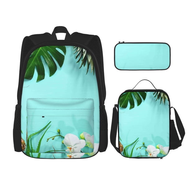 Easygdp Tropical Pineapple Mochila para Niños y Niñas con Set de Caja de Almuerzo y Estuche para Lápices 3 en 1, Mochila Escolar Estampada para Adolescentes