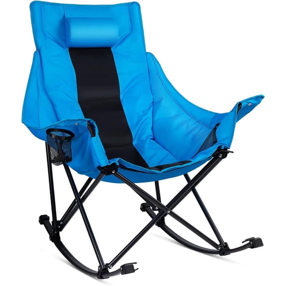 Oversized Rocking Camping Chair, Padded High Back Portable Outdoor Rocker with Headrest & Side Cup Holders, Foldable Lawn Chair with Carry Bag for Patio, Picnic & Travel, 300 lbs Capacity