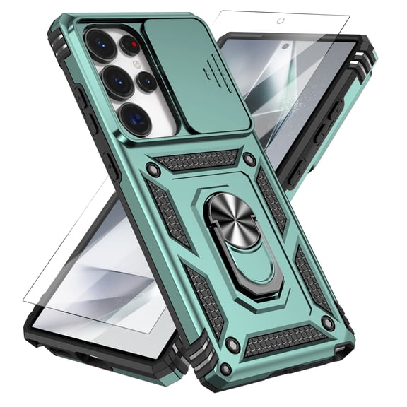 ELEHOLD Case for Samsung Galaxy S26 Ultra, Shockproof Drop Protection Case with 360° Rotating Ring Holder, Sliding Camera Lens Cover, Magnetic Car Mount Compatible,Darkgreen
