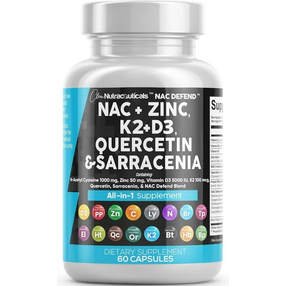 NAC Supplement N-Acetyl Cysteine 1000mg Vitamin D3 K2 Zinc Quercetin 1000mg Sarracenia Purpurea 1000mg with Elderberry Holy Basil Bee Propolis Bromelain L-Lysine Made in USA - 60 Count