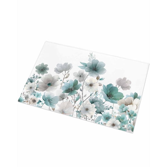 Luxury Plush Bathroom Rugs Mat, Teal Grey Flowers Soft Shaggy Bath Carpet, Spring Watercolor Blooms Floral Plant Non-Slip Floor Mat for Kitchen, Bedroom, 18"x30"