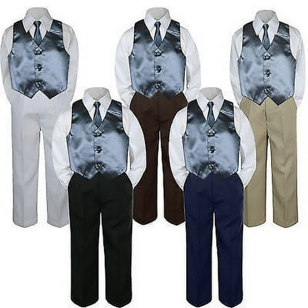 

4pc Dark Gray Chorcoal Vest & Tie Suit Set Baby Boy Toddler Kid Uniform S-7