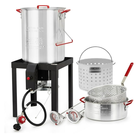 M optimized 30 Qt Turkey Deep Fryer & 10 Qt Fish Fryer Kit, Aluminum Seafood Crawfish Boiler Pot w/38000 BTU Outdoor Propane Stove Burner Stand for 20 Lb Turkey, Turkey Rack & Lifting Hook