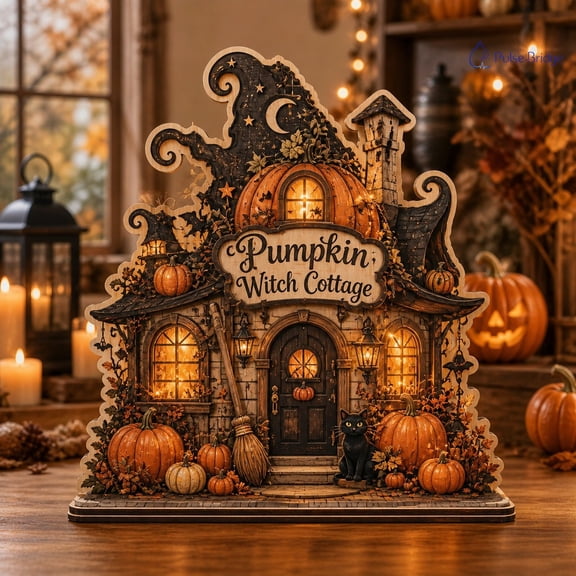 Wooden Block Decor Pumpkin Witch Cottage Tabletop Display for Halloween