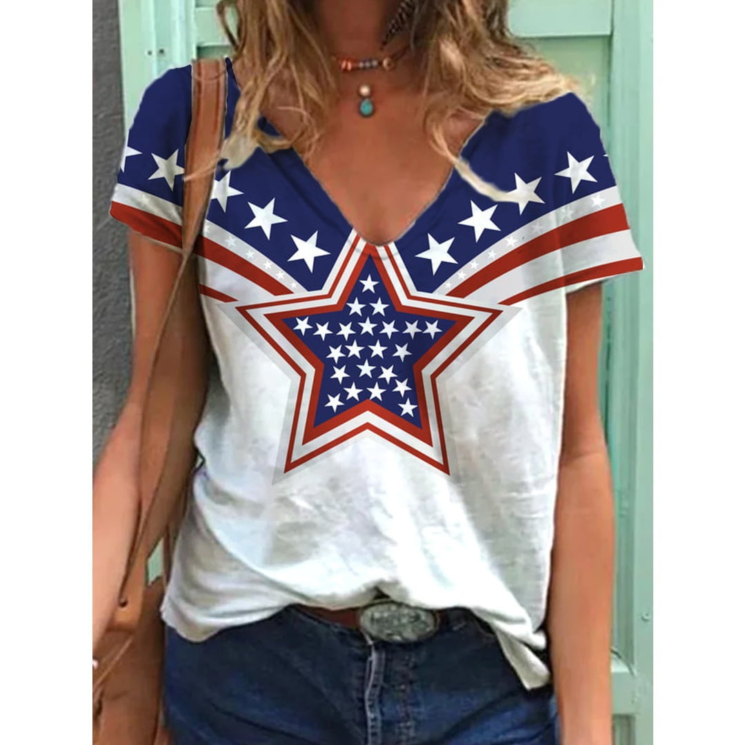 4th of July Tshirts for Women Fashion American Flag Top Patriotic Stars Stripes T-Shirts 