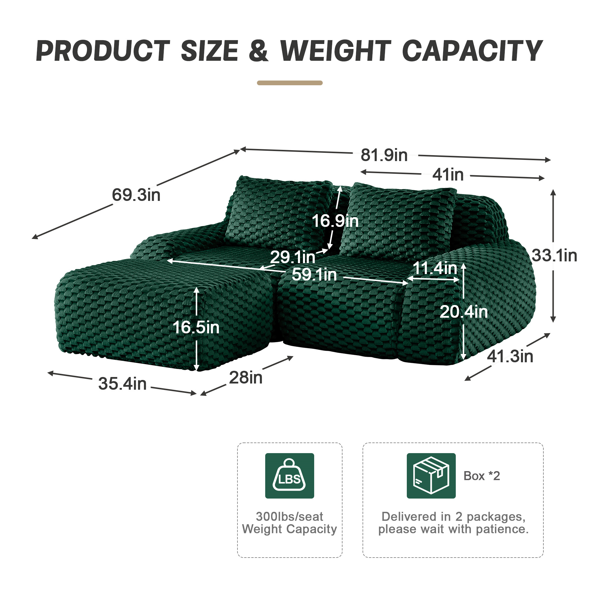 Aukfa Cloud Sectional Sofa Deep Seat 3 Seat L-shape Modular Boneless Couch for Living Room, 2 Pillows, Flannel, Creen