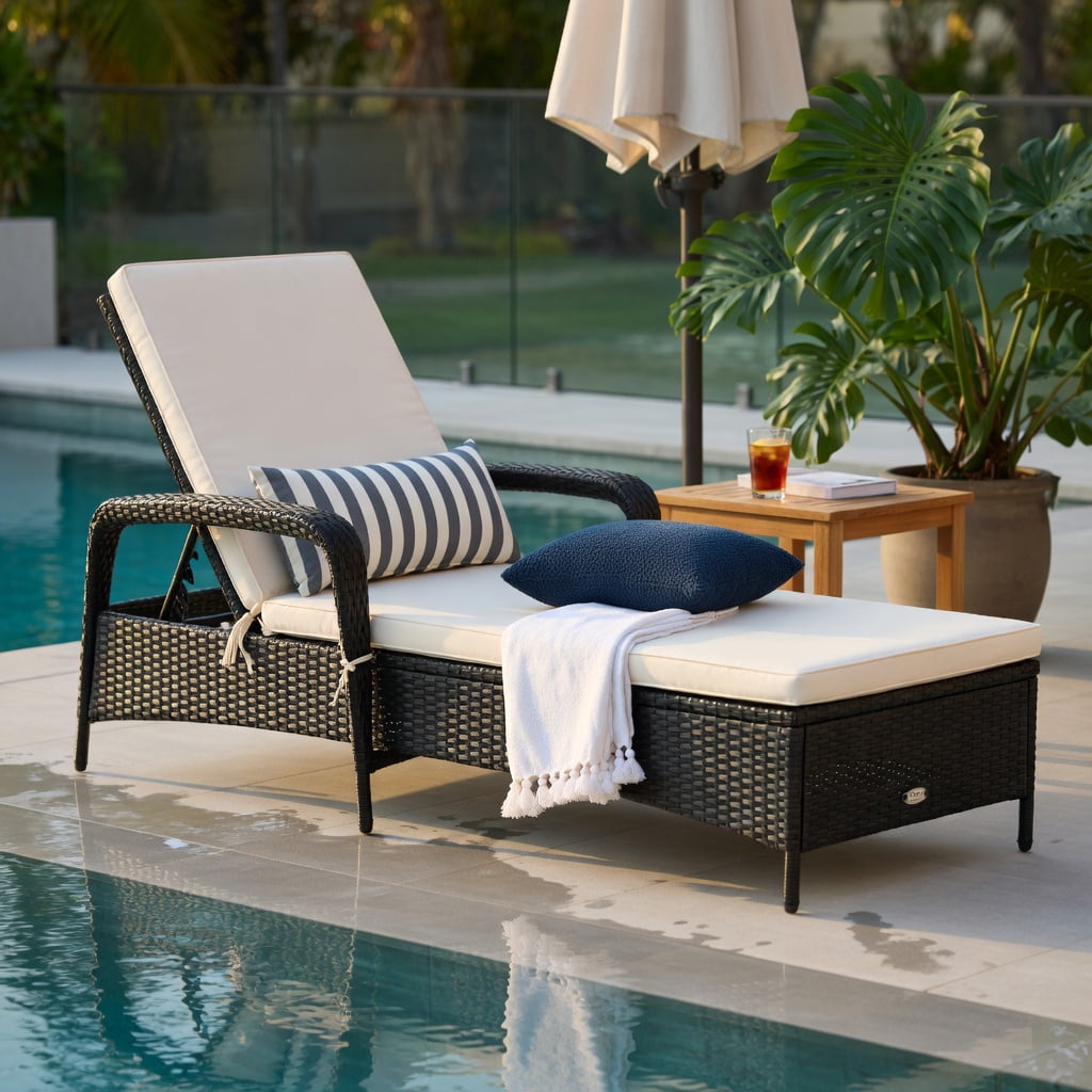 Hommoo Adjustable PE Wicker Chaise Lounge Chair with Lumbar Pillow, Outdoor Patio Recliner, Weather-Resistant Steel Frame, Off-White