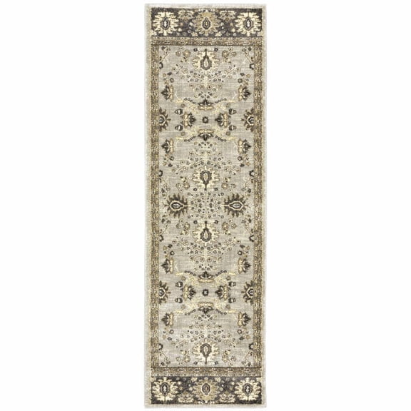Bed Bath & Beyond 2' X 8' Grey Brown Tan and Beige Oriental Power Loom Stain Resistant Runner Rug