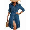 thumbnail image 3 of Women'S Flowy Denim Dress Vacation Lapel Long Puff Sleeve Button Down A Line Swing Ruffle Jean Dress, 3 of 7