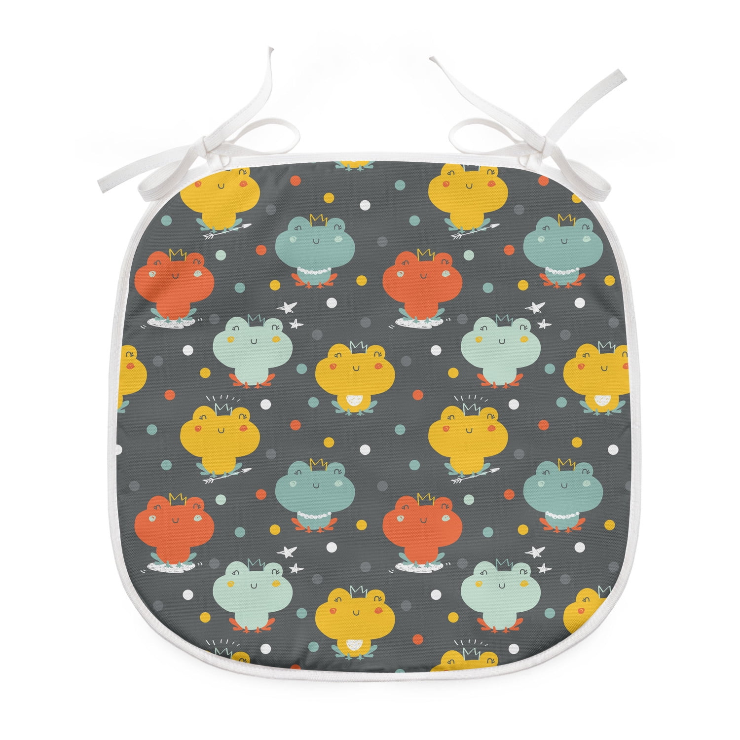 Frog Dining Chair Pad, Cartoon Style Colorful Frogs with Crowns Themed