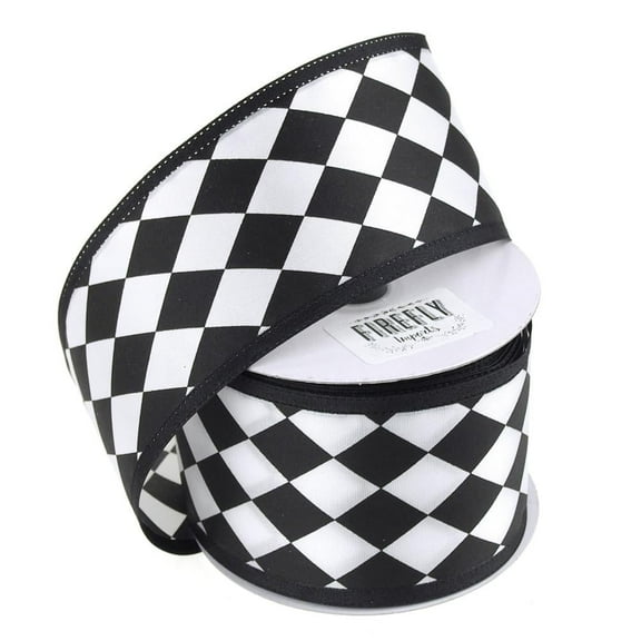 Harlequin Diamond Print Satin Wired Ribbon, 2-1/2-inch, 10-yard, Black/White