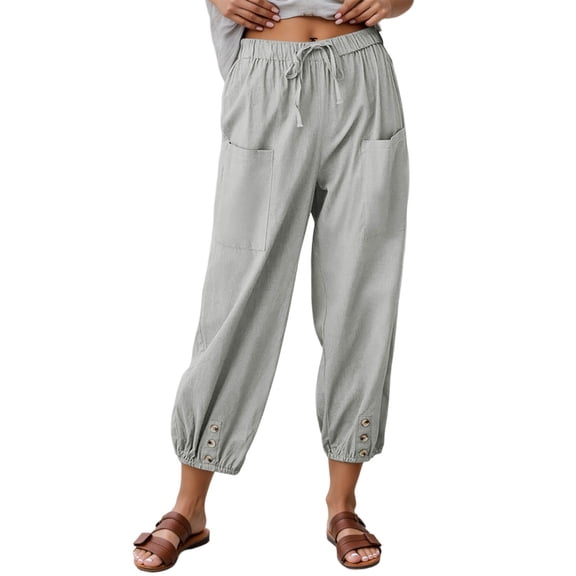 Bibifish Womens Cropped Pants Solid High Waisted Button Waist Loose Wide Leg Ankle Length Casual Pants