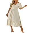 thumbnail image 1 of Femmes Été Robe Longue Couleur Unie Suisse Point V-Cou Volants Manches Courtes Robe Swing Robe, 1 of 9