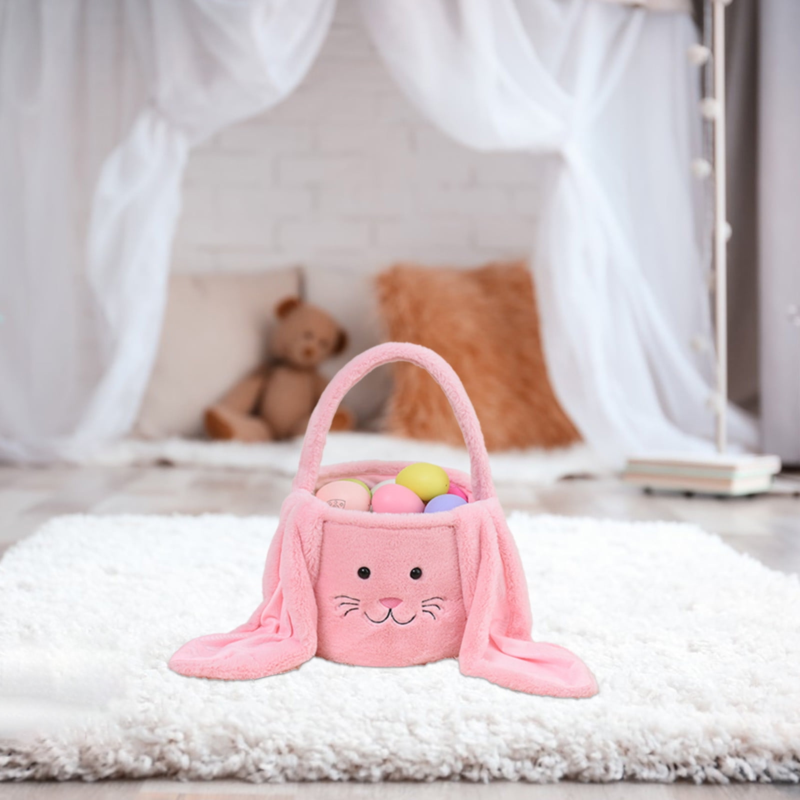 Easter Egg Hunting Baskets Plush Brown Easter Bunny Baskets with Long Plush Ear Personalized Bunny Easter Buckets Gift Bags for Boys Girls Easter Tote Bags for Easter Decorations Candy Gifts