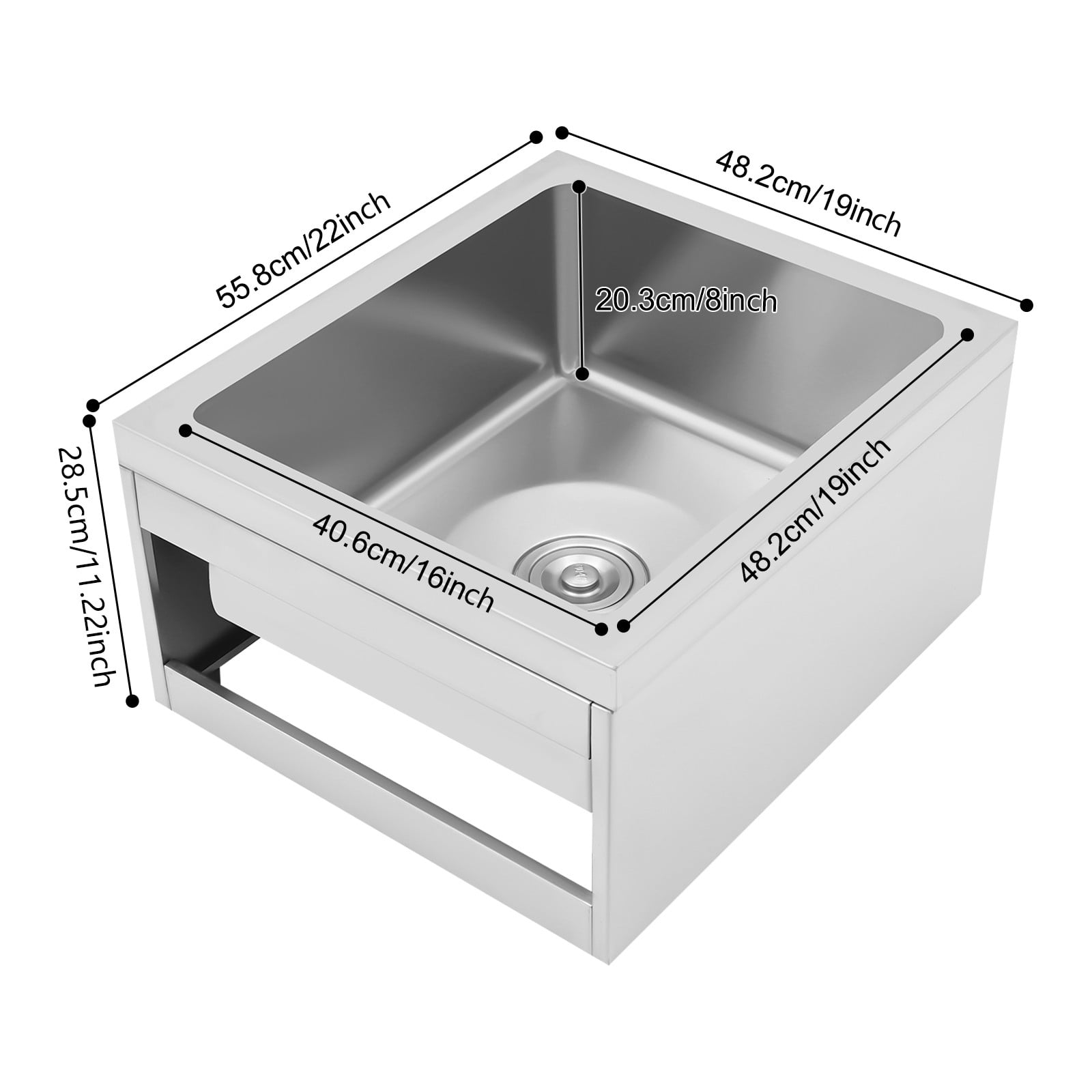 Stainless Steel Floor Mop Sink, 22 * 19 * 12in Commercial Utility Floor Mount Mop Basin Free Standing Utility Sink for Restaurant Kitchen Garage Basement Bathroom (No Backsplash)