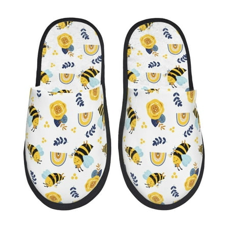 Balery Bees And Rainbows Slient Indoor Furry Fleece Comfort House Shoes Soft Non-Slip Home Shoes Cotton slippers House Slippers-- Large