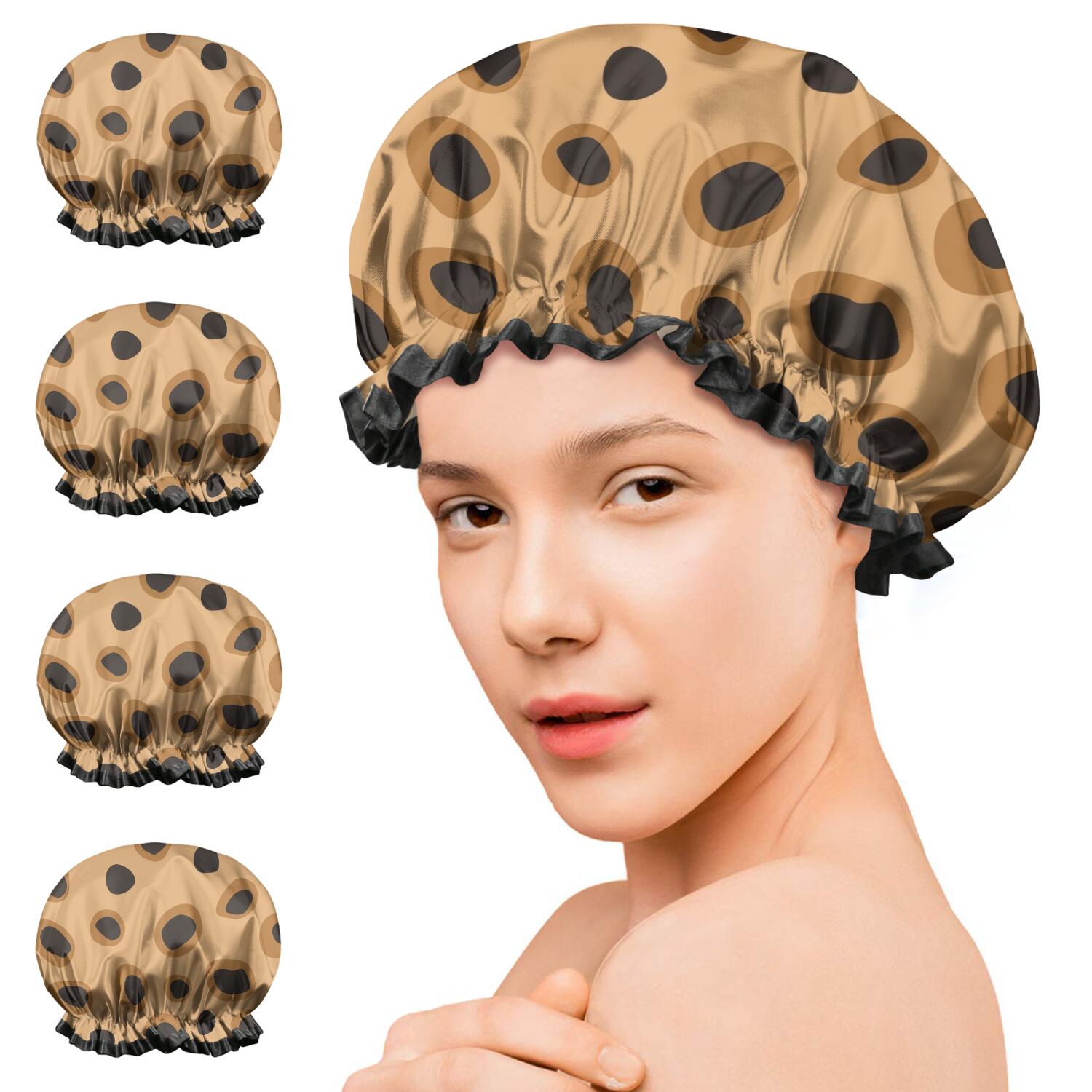 Shower Caps,Beige and Black Of Leopard Print Waterproof Shower Cap for Women 4 Pieces,Double Reusable Hair Cover for Shower PEVA Elastic Stretch Hem