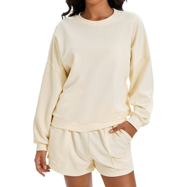 Conjuntos de sudadera cortos para mujer ATHLECHIC, conjunto de sudadera con mangas de murciélago, conjunto de lounge casual, sudadera cómoda talla S, color albaricoque