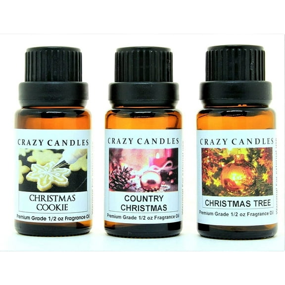 Crazy Candles 3 Bottles Set, Christmas Cookie, Country Christmas, Christmas Tree, 1/2 Fl Oz Each (15ml) Premium Grade Scented Fragrance Oils Made in USA