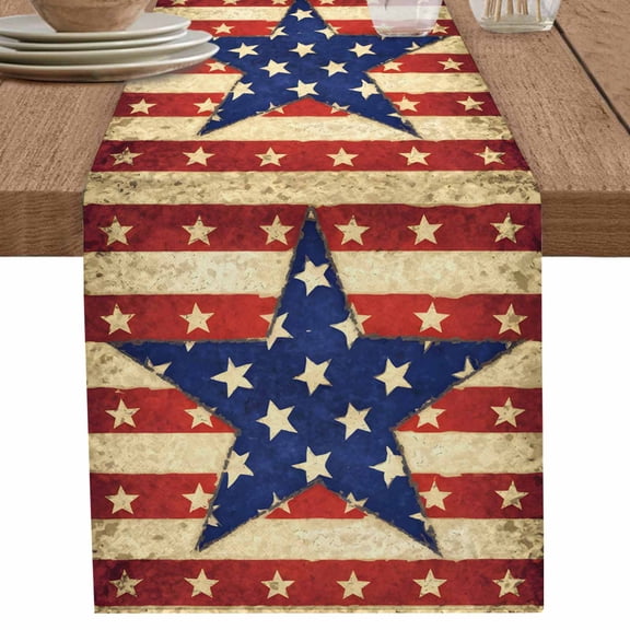 nqOlkjepod Independence Day Table Runner 60 Inches Long Farmhouse Dress Scarves, Vintage Red Blue Star Striped Dining Tablerunner for Coffee Table/Kitchen Island/Party Décor, 13" x 60"
