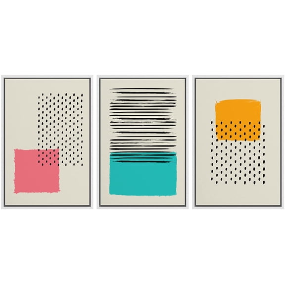 wall26 Framed Wall Art Print Set Black Circles and Lines on Multicolor Squares Abstract Shapes Illustrations Modern Art Boho Colorful Multicolor for Living Room, Bedroom, Office - 16"x24"x3 White