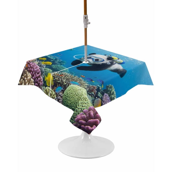 Outdoor Tablecloth with Umbrella Hole and Zipper Diving Panda Square Tablecloths 54x54 Inch Waterproof Table Cloths Funny Animal Fish Coral Ocean Seafloor Patio Table Cover for Picnic BBQS Party