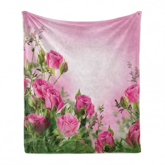 Flower Soft Flannel Fleece Throw Blanket, Spring Season Time Roses Leaves and Buds Ombre Atmosphere Image, Cozy Plush for Indoor and Outdoor Use, 70" x 90", Pink and Green, by Ambesonne