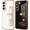 thumbnail image 5 of Designed for Samsung Galaxy S21 Case with Strap Luxury Love Heart Plating Gold Bumper Phone Cover Wristband Kickstand Full Body Protective Slim Case for Women - Black, 5 of 5