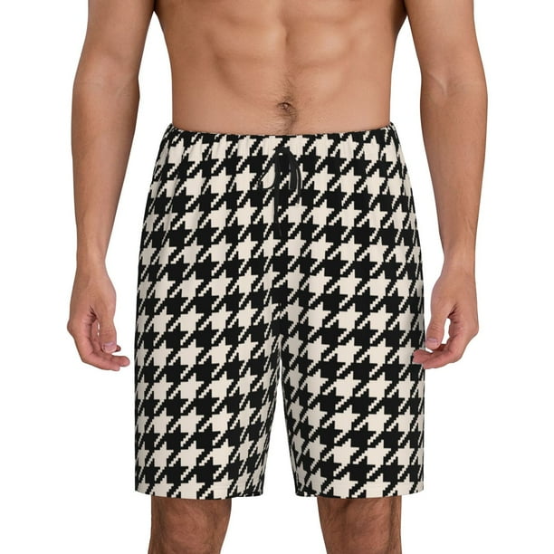 Balery Black and white houndstooth Pantalones cortos de pijama de punto de algodón para hombre con cinturilla y bolsillos-XX-Large